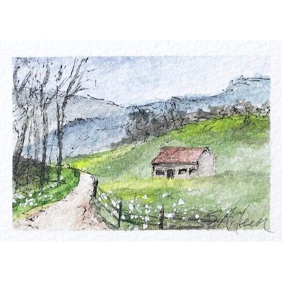 ACEO Ink & Watercolor Orig. Landscape Farmhouse Country "Springtime" Signed - Picture 1 of 3